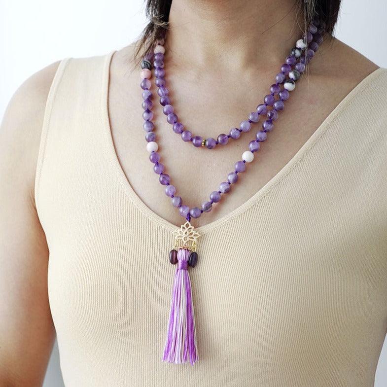 Lotus Pendant Mala Necklace – Amethyst & Jasper
