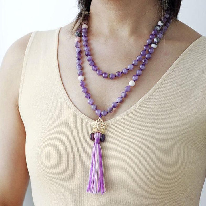 Lotus Pendant Mala Necklace – Amethyst & Jasper