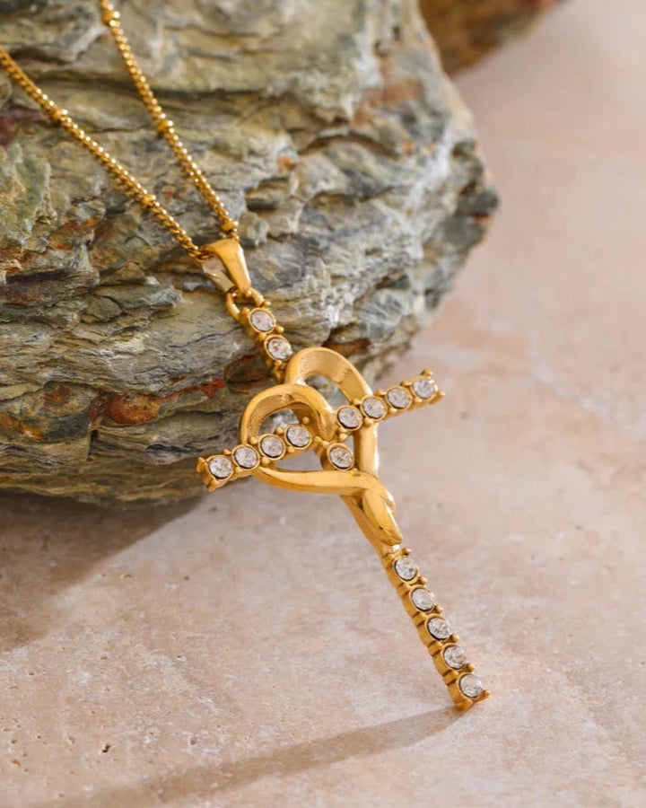 Faith Necklace with Cross and Studded Heart (18K Gold Plated)