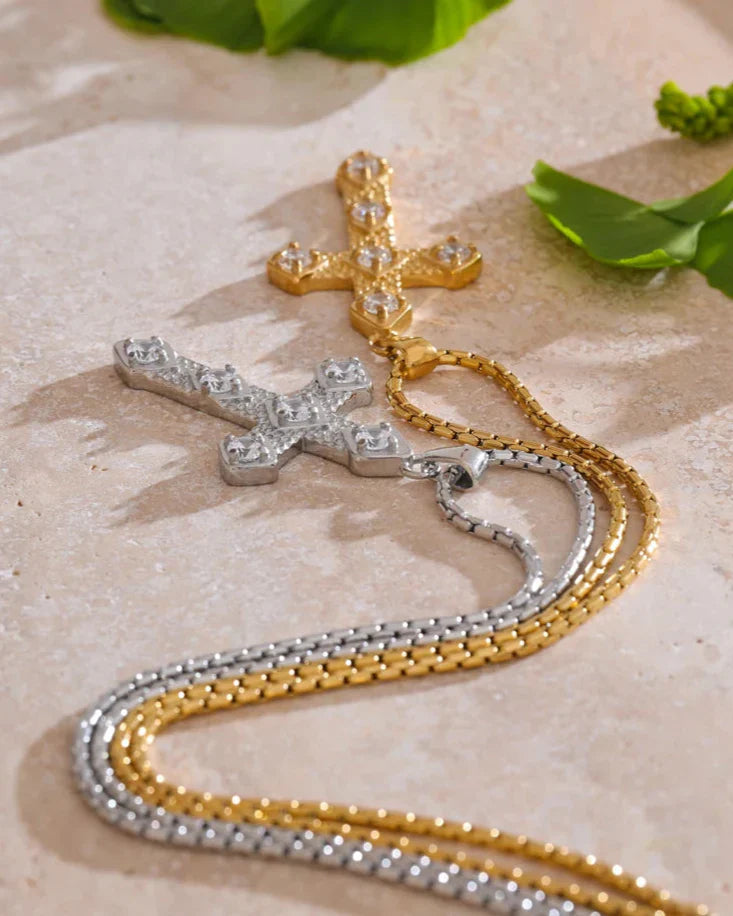 Textured Cross Necklace with Inset Zircons (Gold Plated)