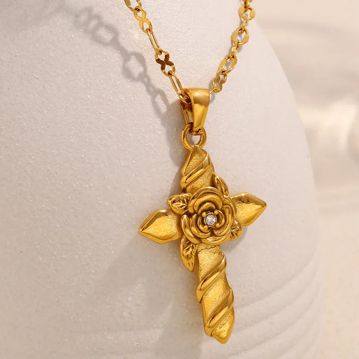 Necklace with Cross and Raised Rose (18-Carat Gold Plated)