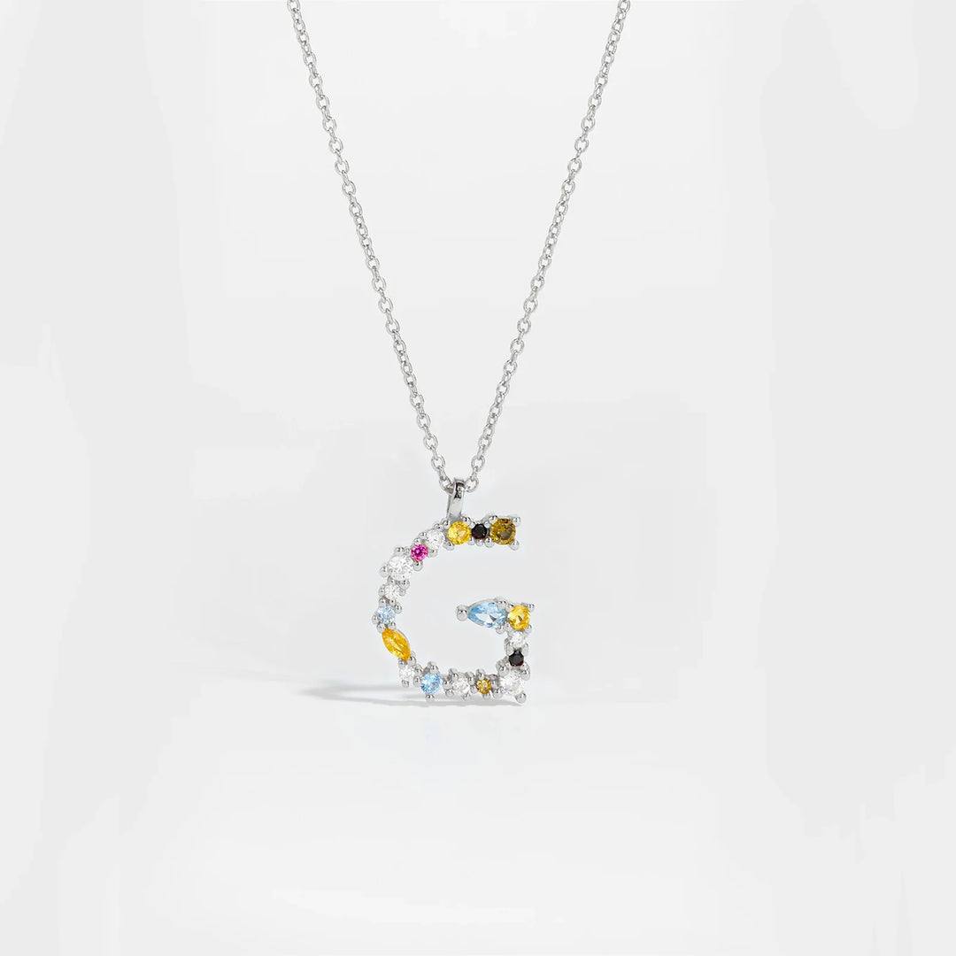 Colorful Crystal Initial Letter 925 Sterling Silver Necklace