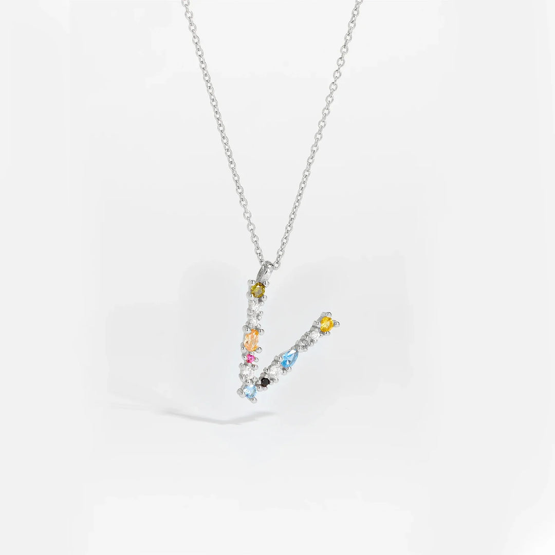 Colorful Crystal Initial Letter 925 Sterling Silver Necklace