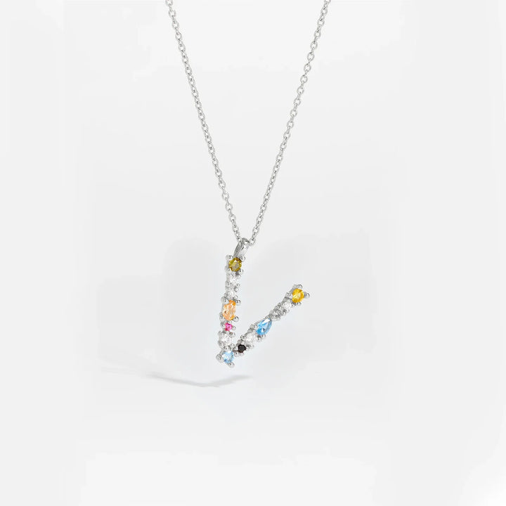 Colorful Crystal Initial Letter 925 Sterling Silver Necklace
