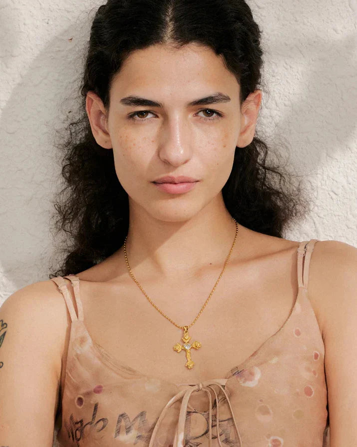 Necklace with Rose Cross and Heart (Gold Plated)