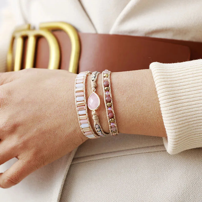 Rose Quartz Teardrop Charm Wrap Bracelet