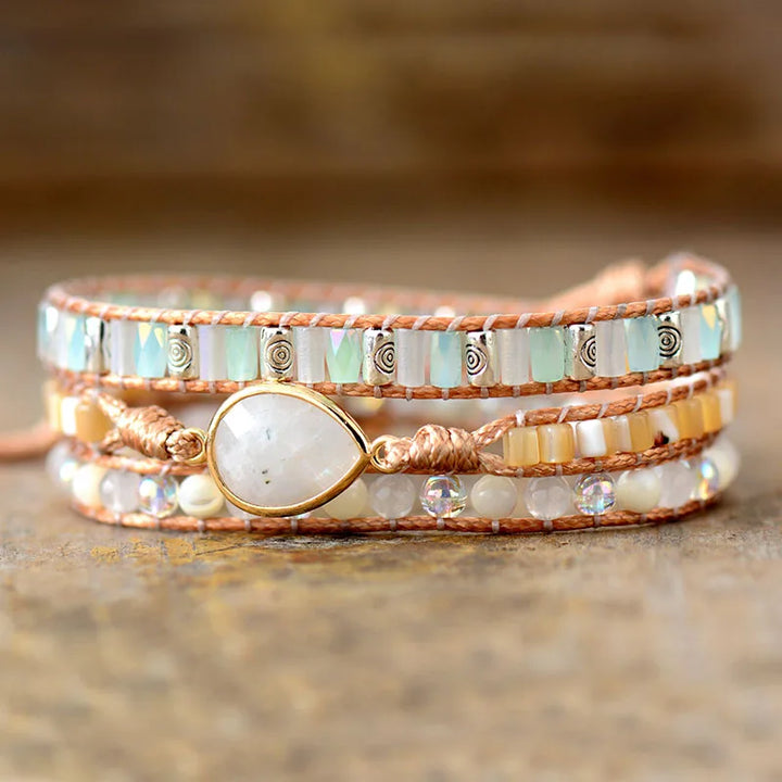Moonstone Teardrop Charm Wrap Bracelet