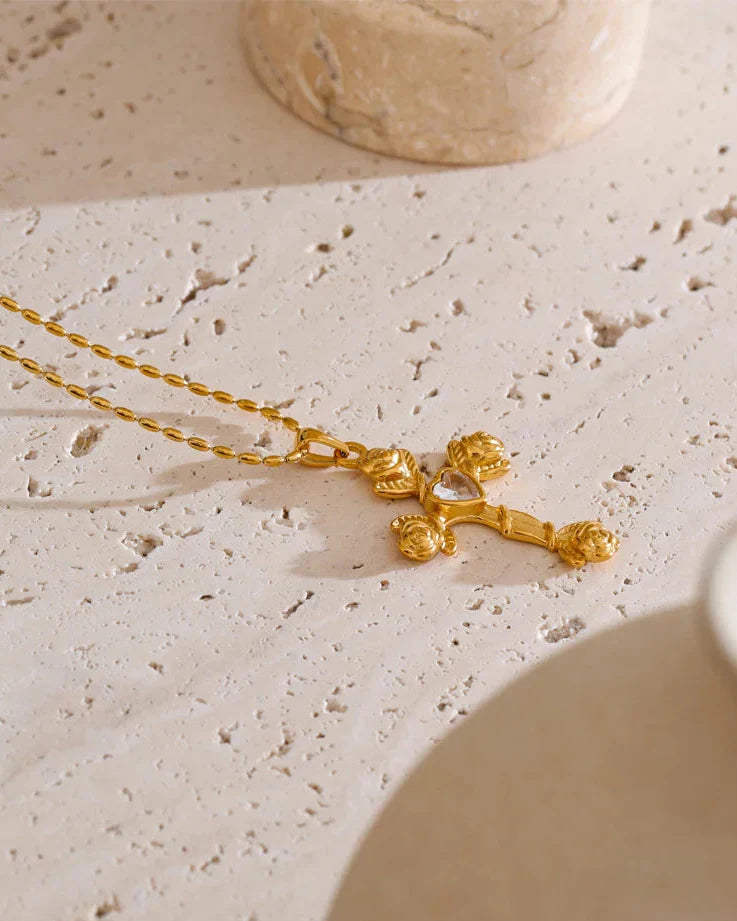 Necklace with Rose Cross and Heart (Gold Plated)