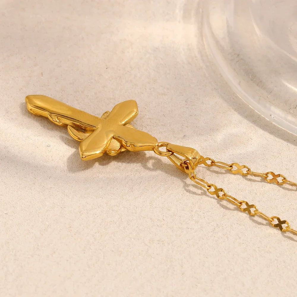 Necklace with Cross and Raised Rose (18-Carat Gold Plated)