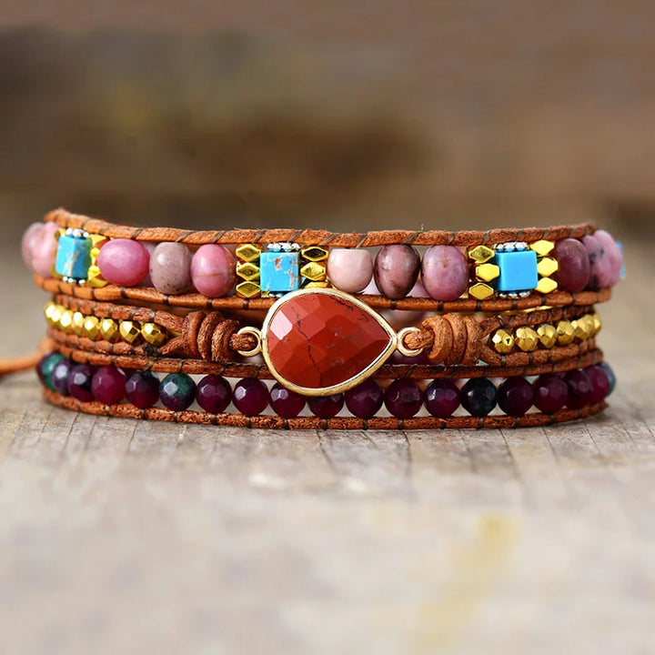Red Jasper Teardrop Charm Wrap Bracelet