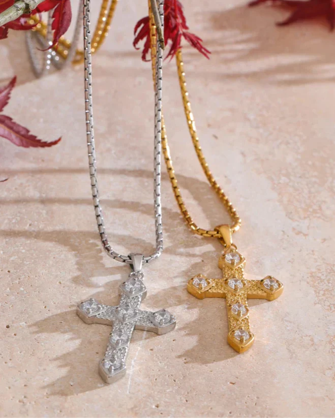 Textured Cross Necklace with Inset Zircons (Gold Plated)