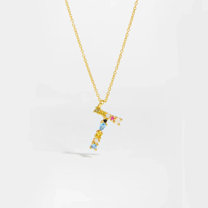 Colorful Crystal Initial Letter 925 Sterling Silver Necklace