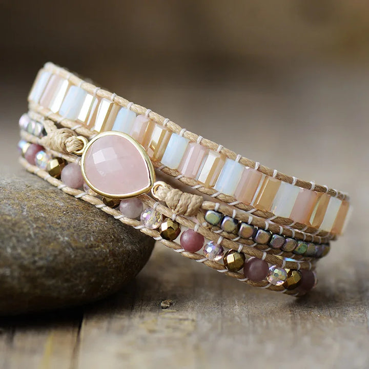 Rose Quartz Teardrop Charm Wrap Bracelet