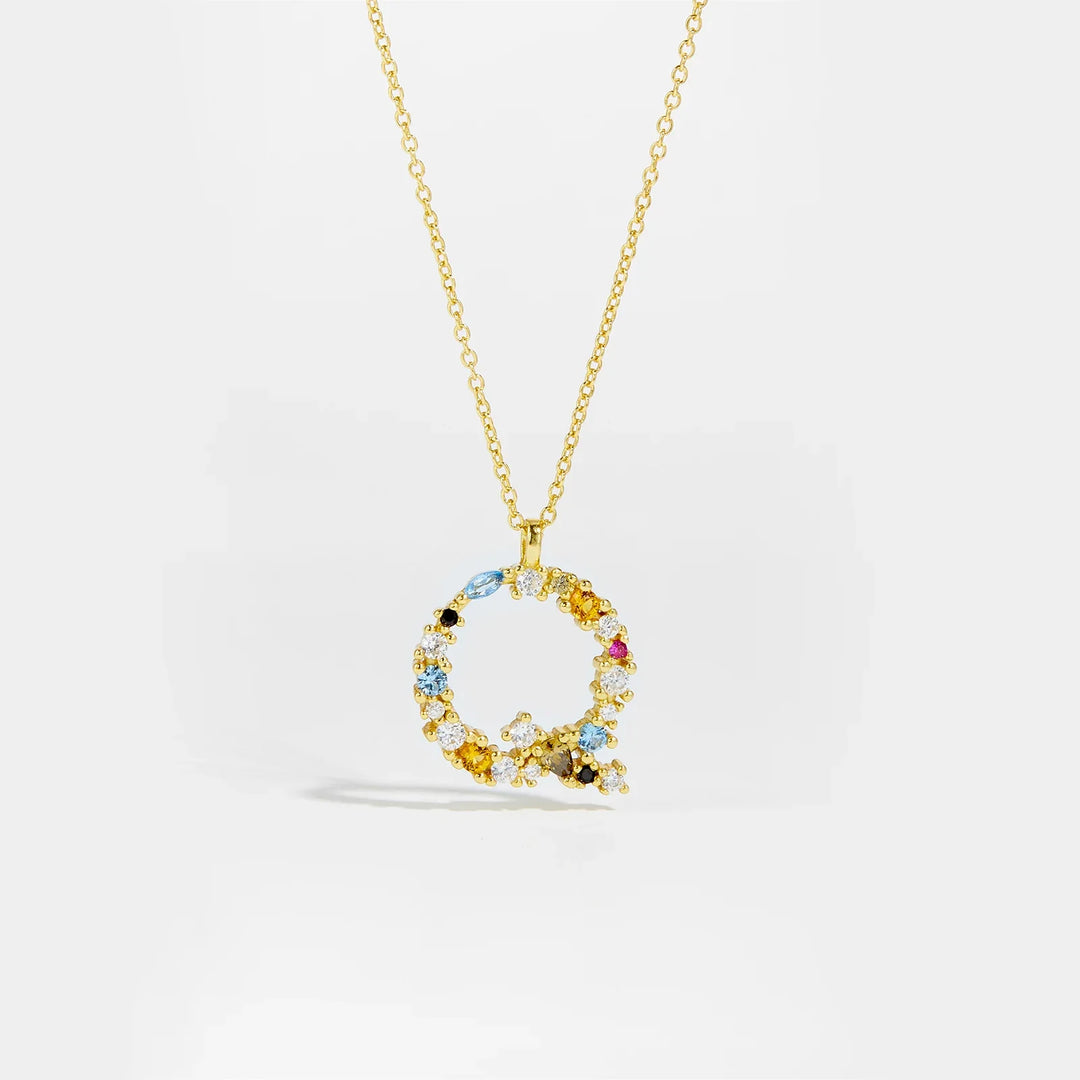 Colorful Crystal Initial Letter 925 Sterling Silver Necklace