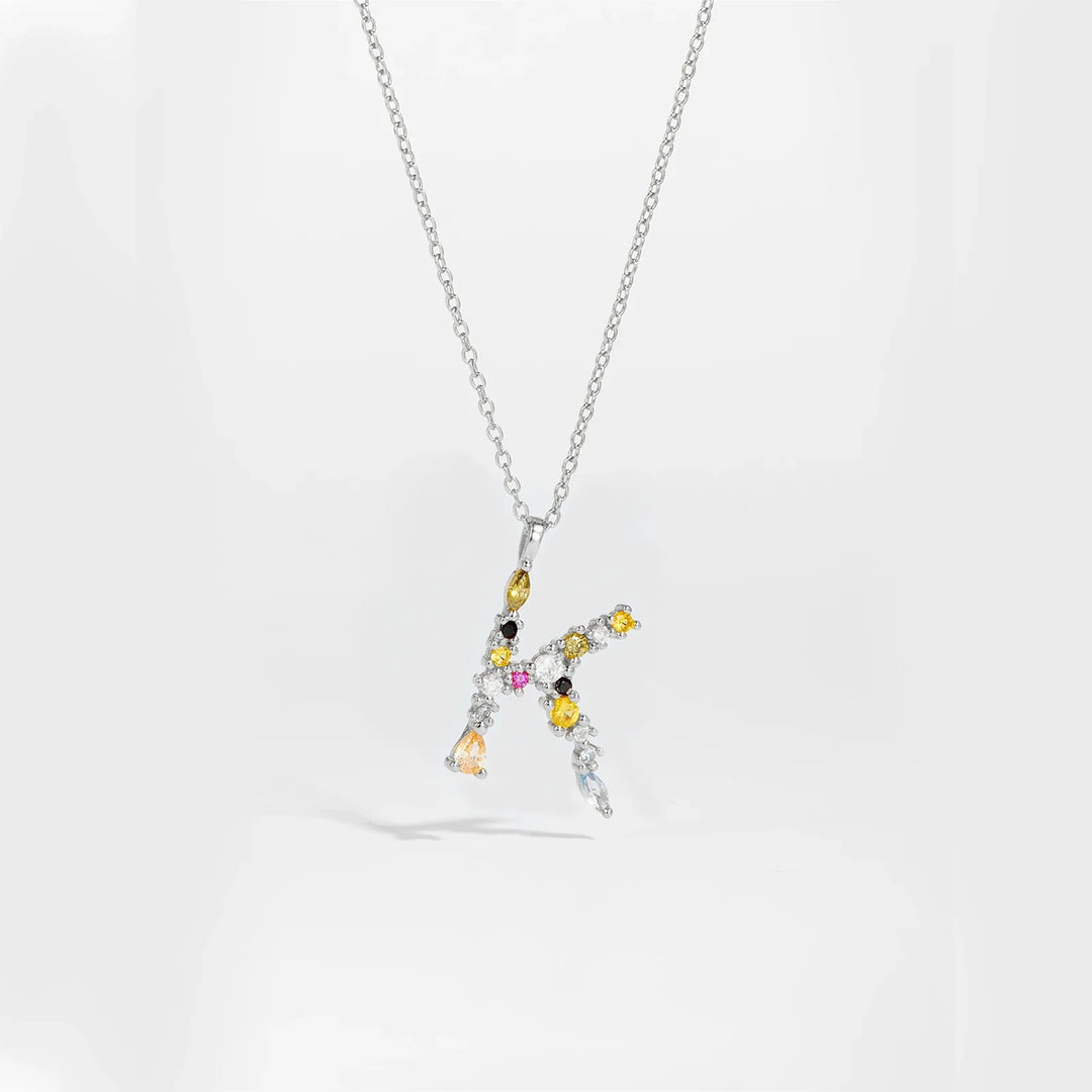 Colorful Crystal Initial Letter 925 Sterling Silver Necklace