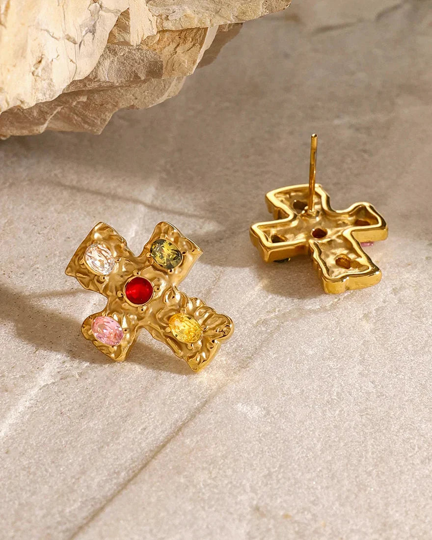 Cross Earring with Rustic Finish (Gold-Plated)