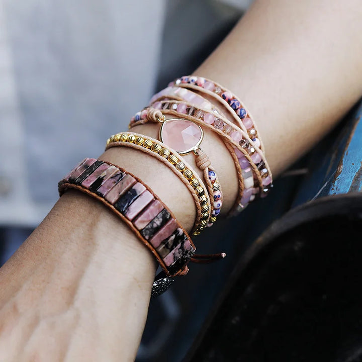 Rose Quartz Teardrop Charm Beaded Wrap Bracelet
