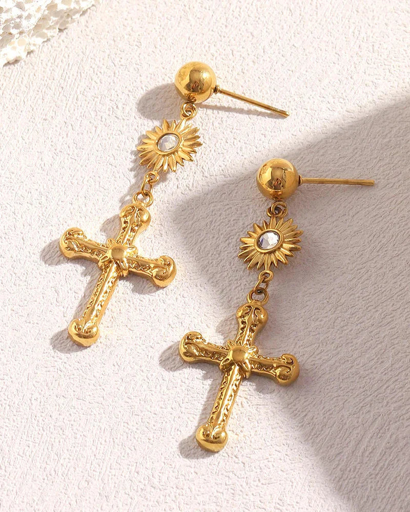 Cross Earring with Sun (Gold Plated)