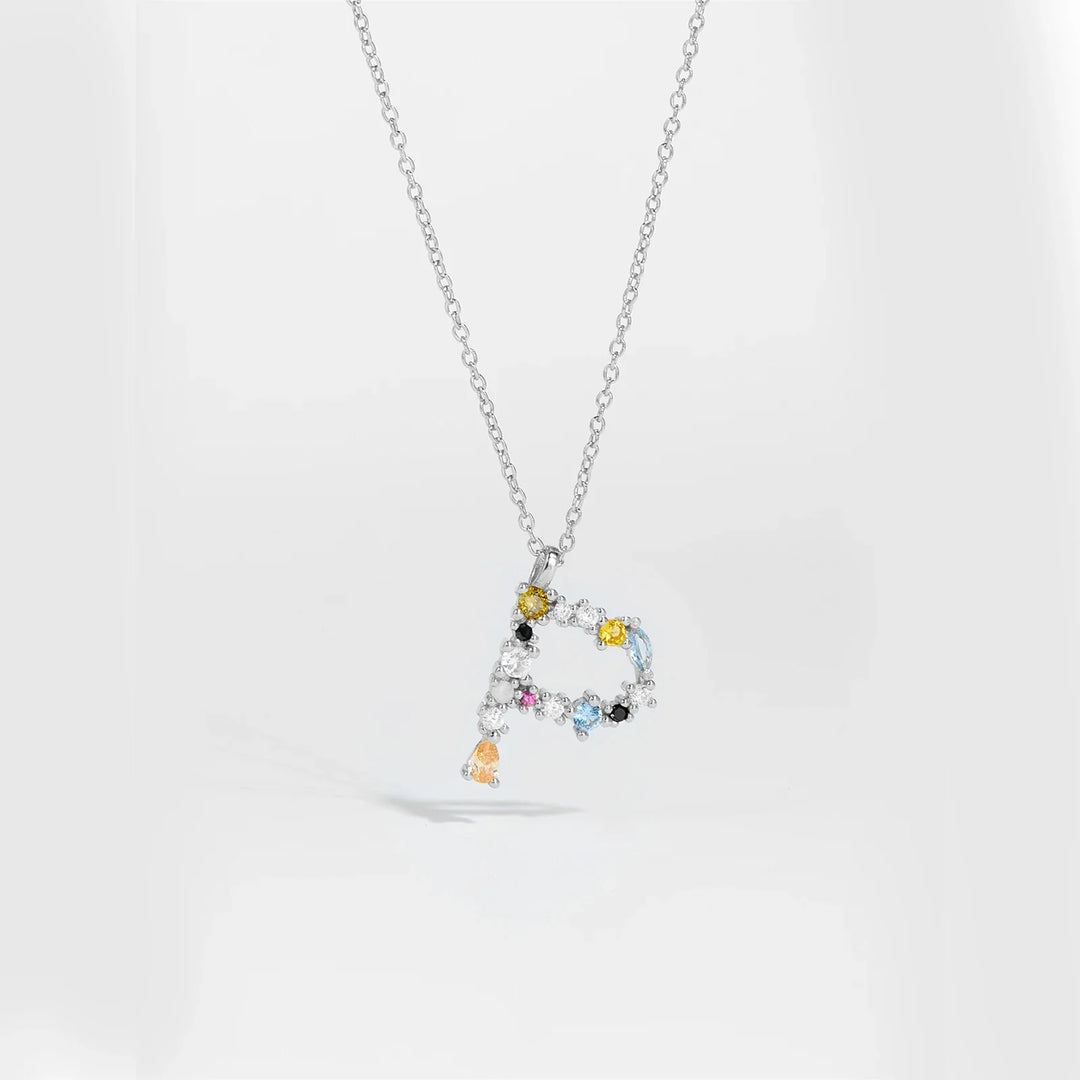 Colorful Crystal Initial Letter 925 Sterling Silver Necklace