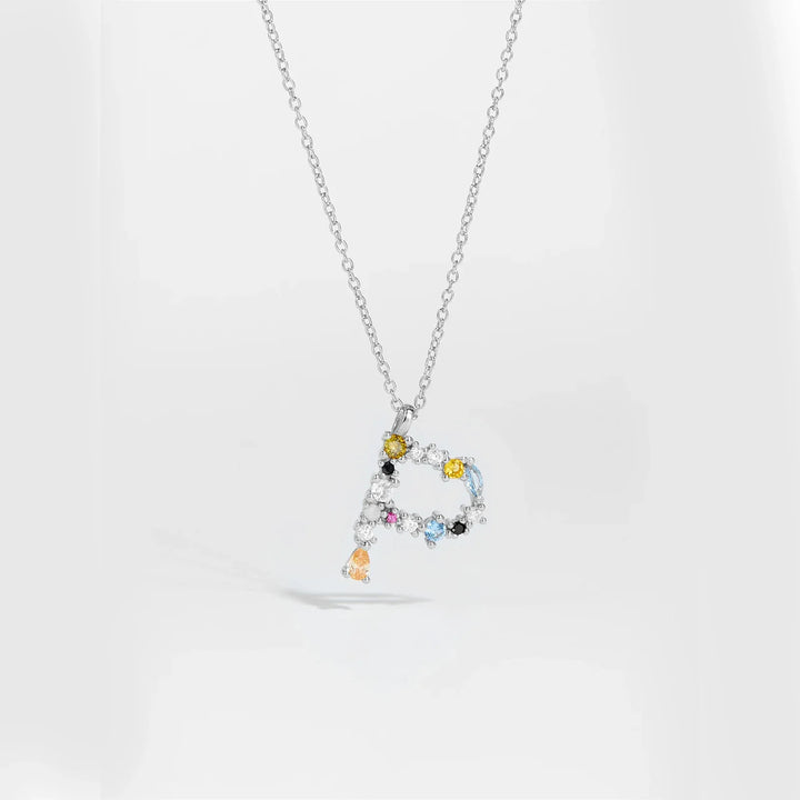 Colorful Crystal Initial Letter 925 Sterling Silver Necklace