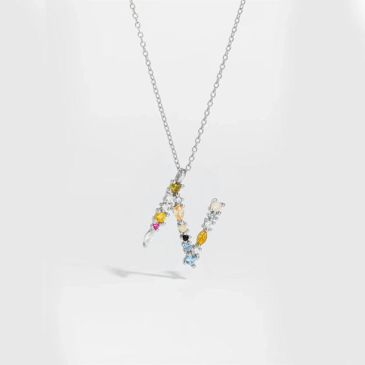 Colorful Crystal Initial Letter 925 Sterling Silver Necklace