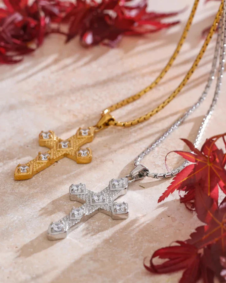 Textured Cross Necklace with Inset Zircons (Gold Plated)
