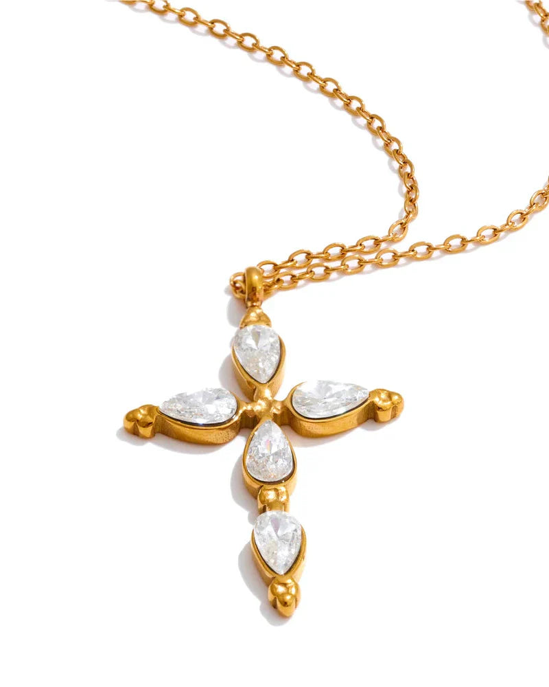 Classic Cross Necklace with Drop Crystals (18K Gold Plated)