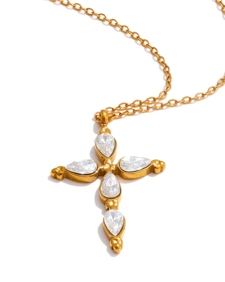 Classic Cross Necklace with Drop Crystals (18K Gold Plated)