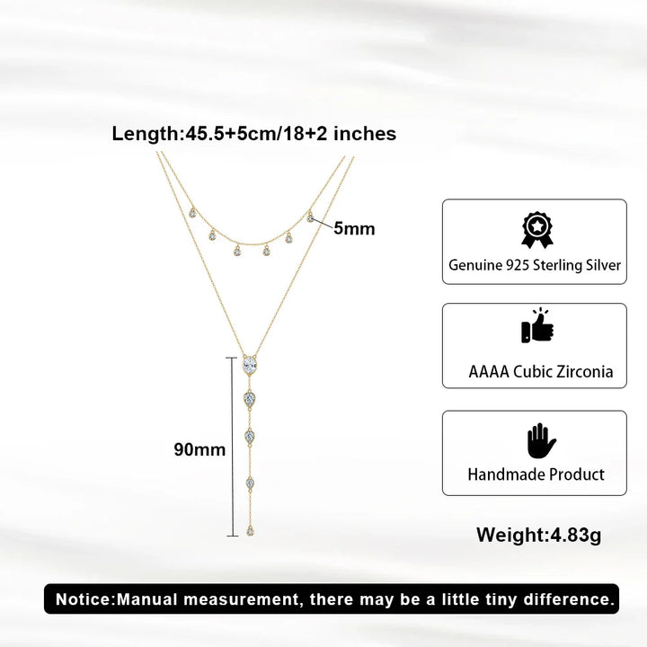 Layered Y Necklace 925 Sterling Silver | Cubic Zirconia Drop Necklace | Elegant Silver & Gold Layered Jewelry