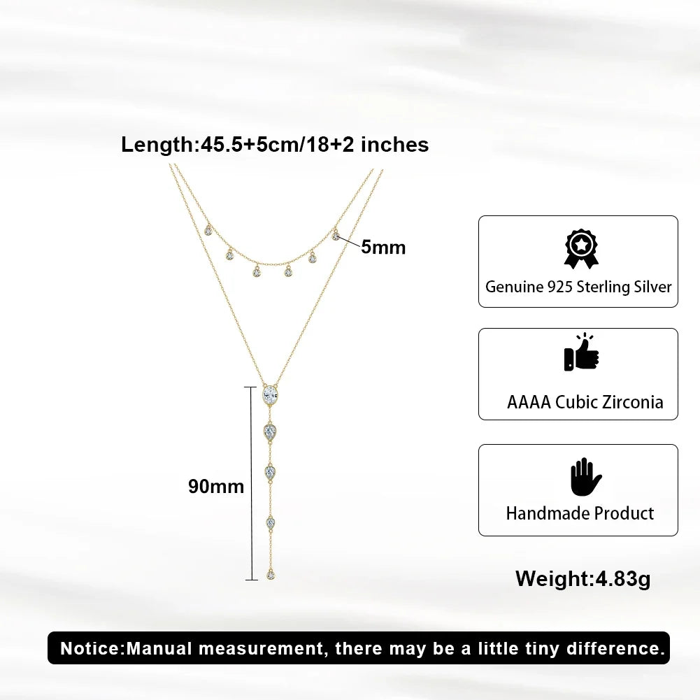 Layered Y Necklace 925 Sterling Silver | Cubic Zirconia Drop Necklace | Elegant Silver & Gold Layered Jewelry
