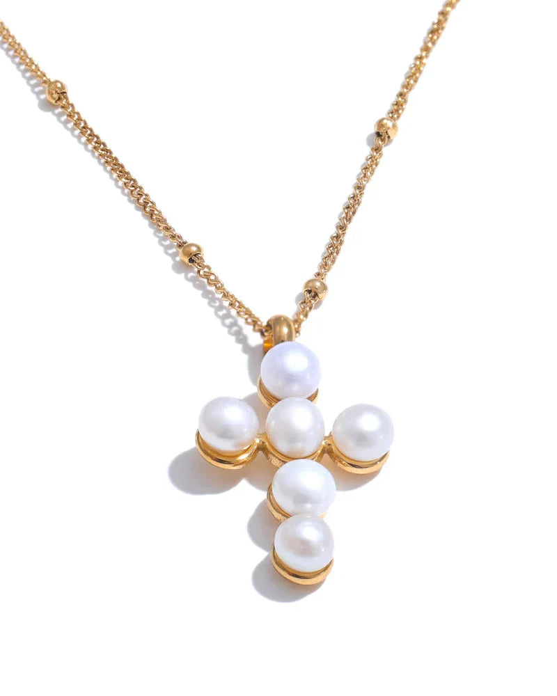 Pearl Cross Necklace (Gold Plated)