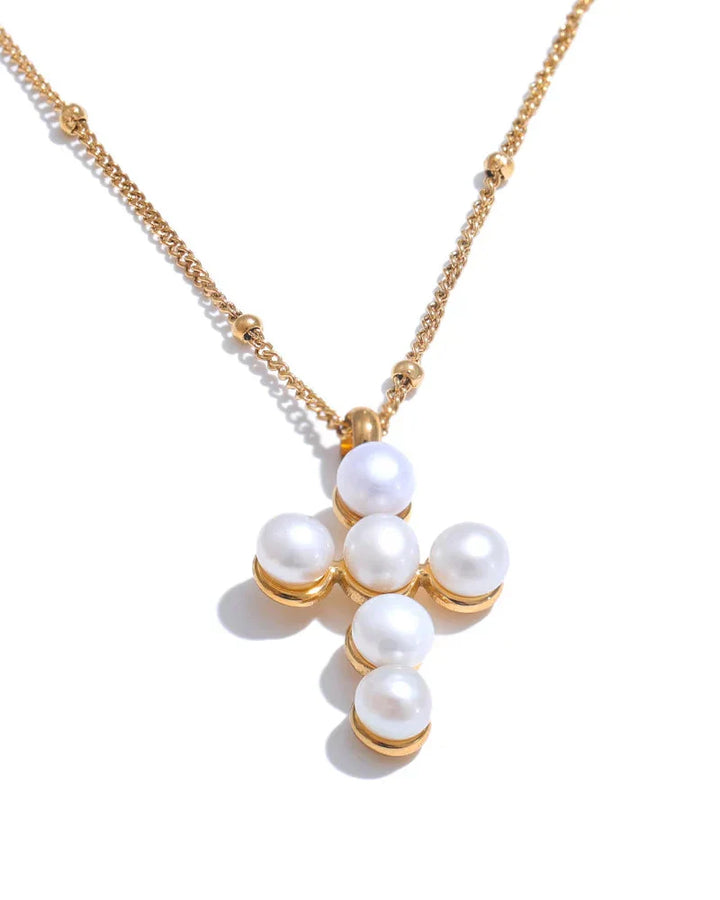 Pearl Cross Necklace (Gold Plated)