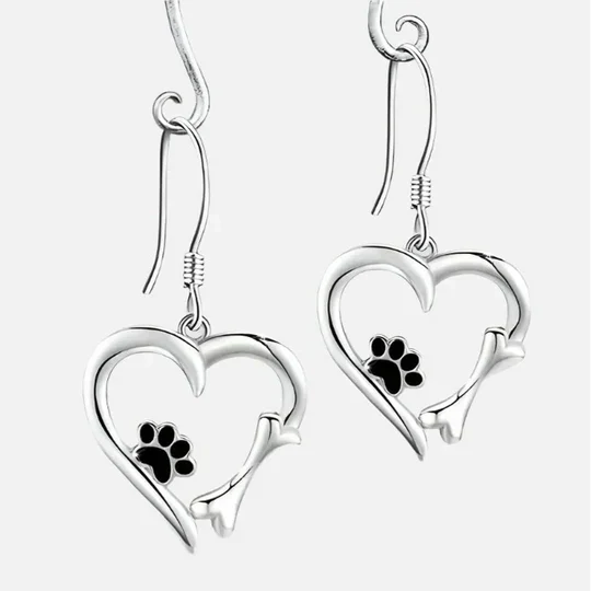 Yaritza – Silver Paw & Heart Drop Earrings