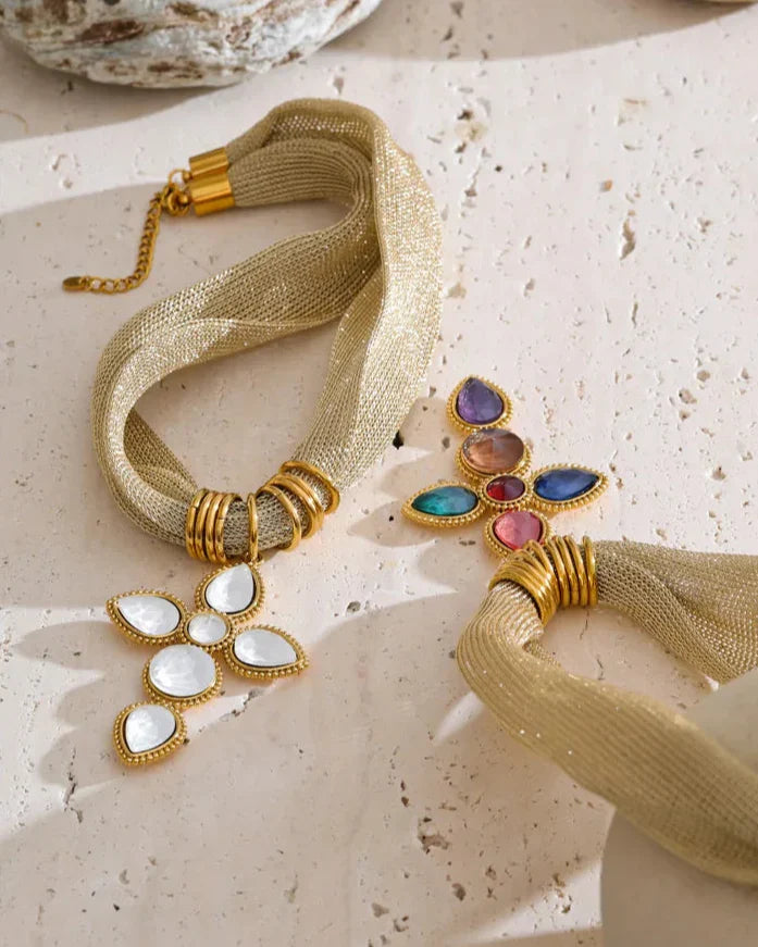 Golden Scarf Style Necklace with Stone Cross (Gold Plated)