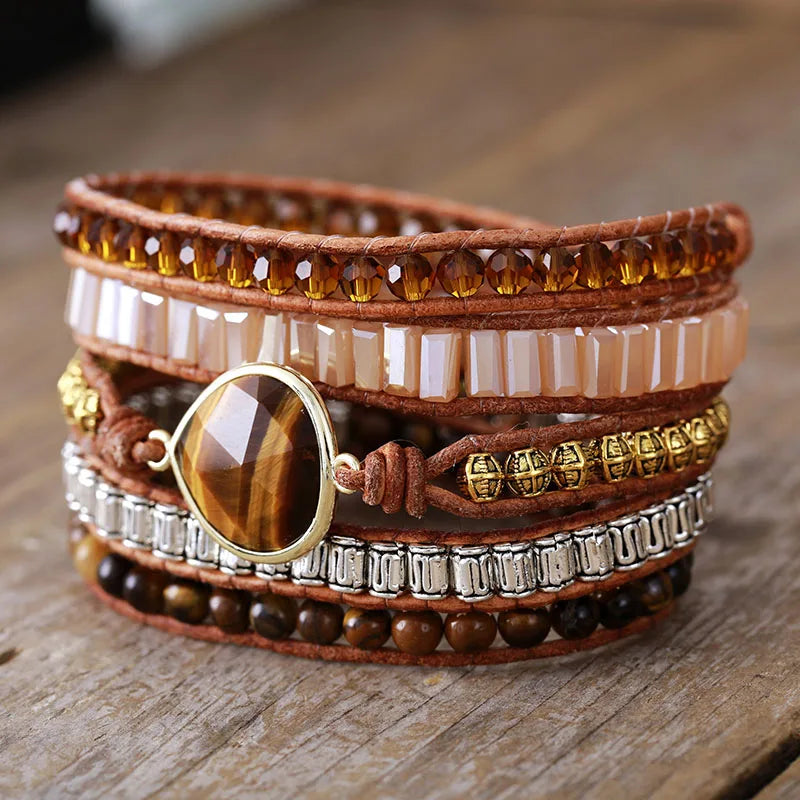 Tiger's Eye Teardrop Charm Beaded Wrap Bracelet