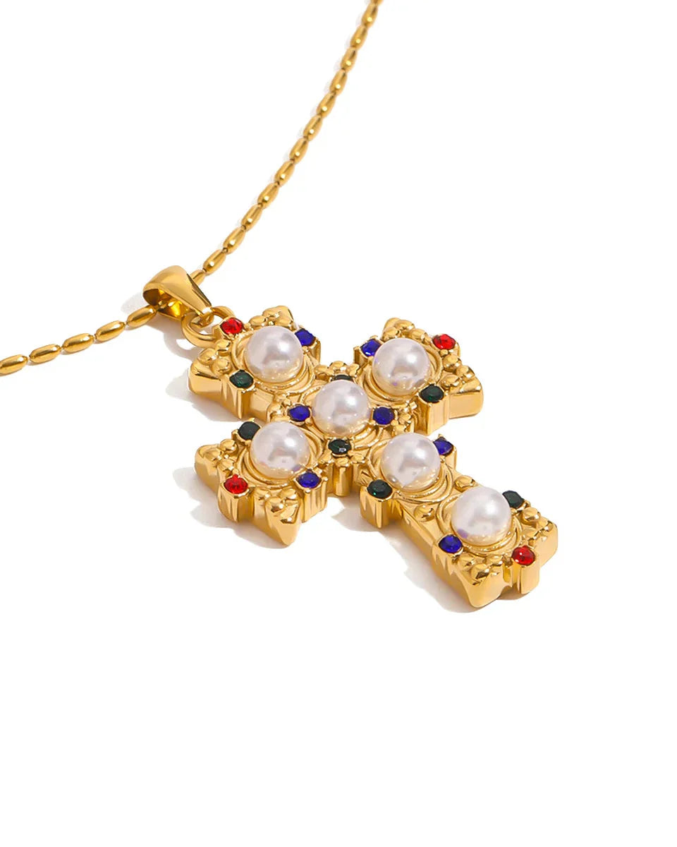 Ornamental Cross Necklace with Colored Gemstones and Pearls (Gold Plated)