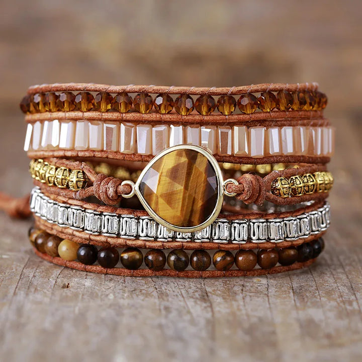 Tiger's Eye Teardrop Charm Beaded Wrap Bracelet