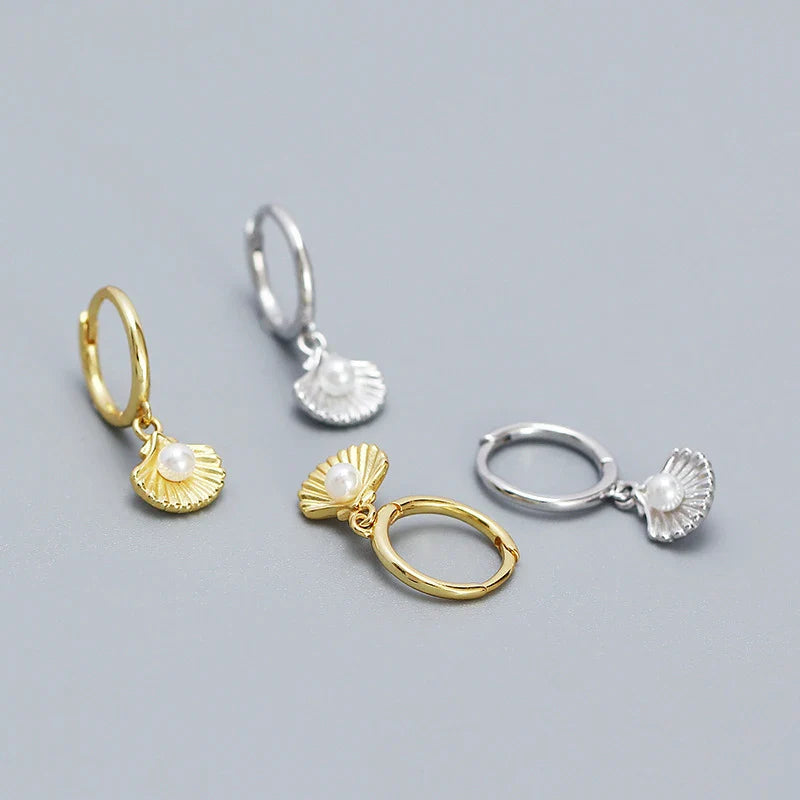 Shell Pearl Huggie Earrings – 925 Sterling Silver