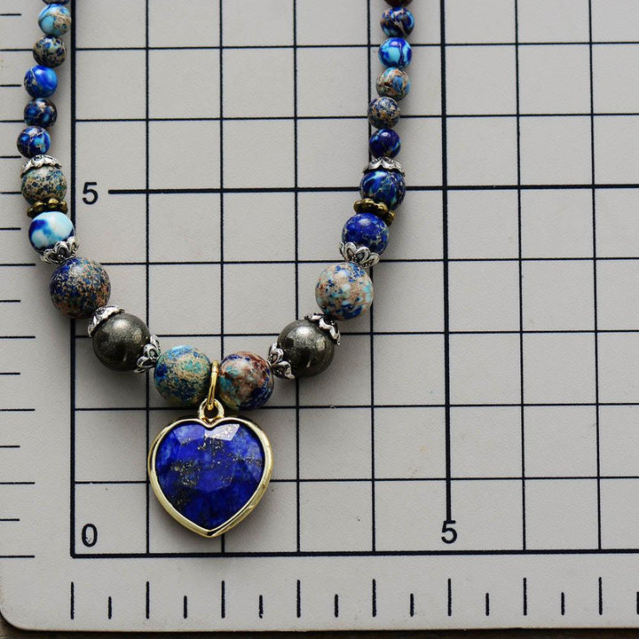 Jasper & Lapis Lazuli Heart Charm Wrap Bracelet–Necklace