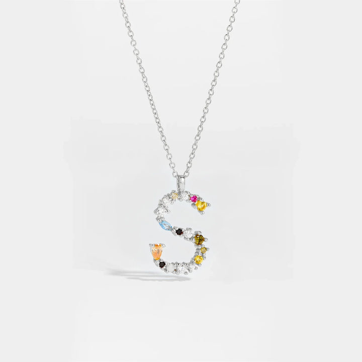 Colorful Crystal Initial Letter 925 Sterling Silver Necklace