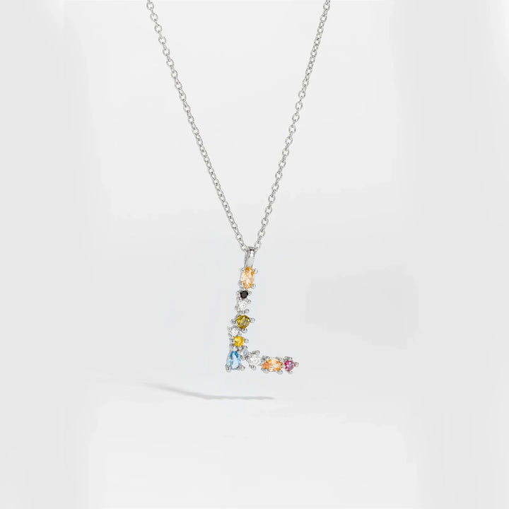 Colorful Crystal Initial Letter 925 Sterling Silver Necklace