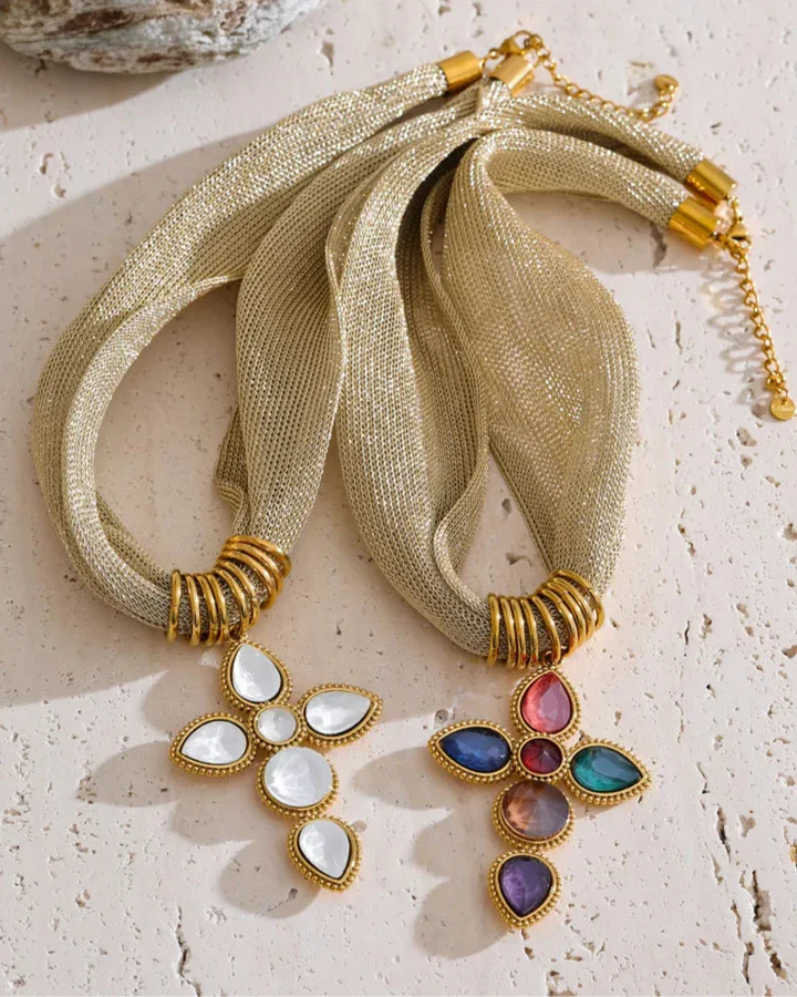 Golden Scarf Style Necklace with Stone Cross (Gold Plated)