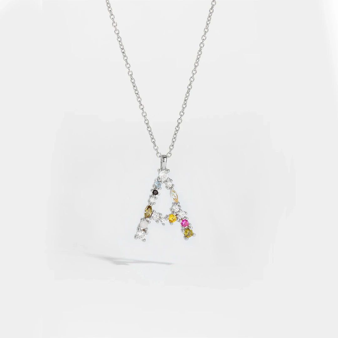 Colorful Crystal Initial Letter 925 Sterling Silver Necklace