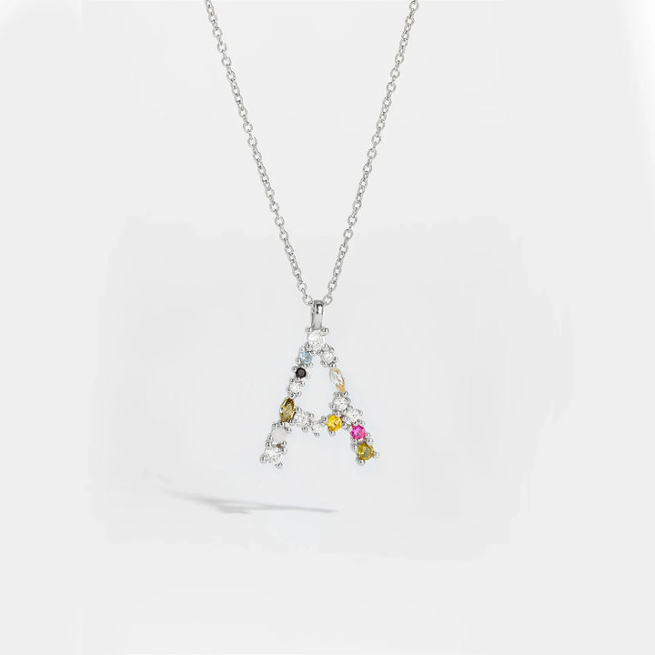 Colorful Crystal Initial Letter 925 Sterling Silver Necklace