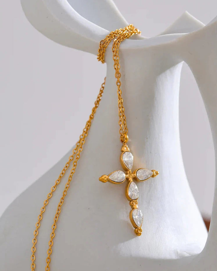 Classic Cross Necklace with Drop Crystals (18K Gold Plated)
