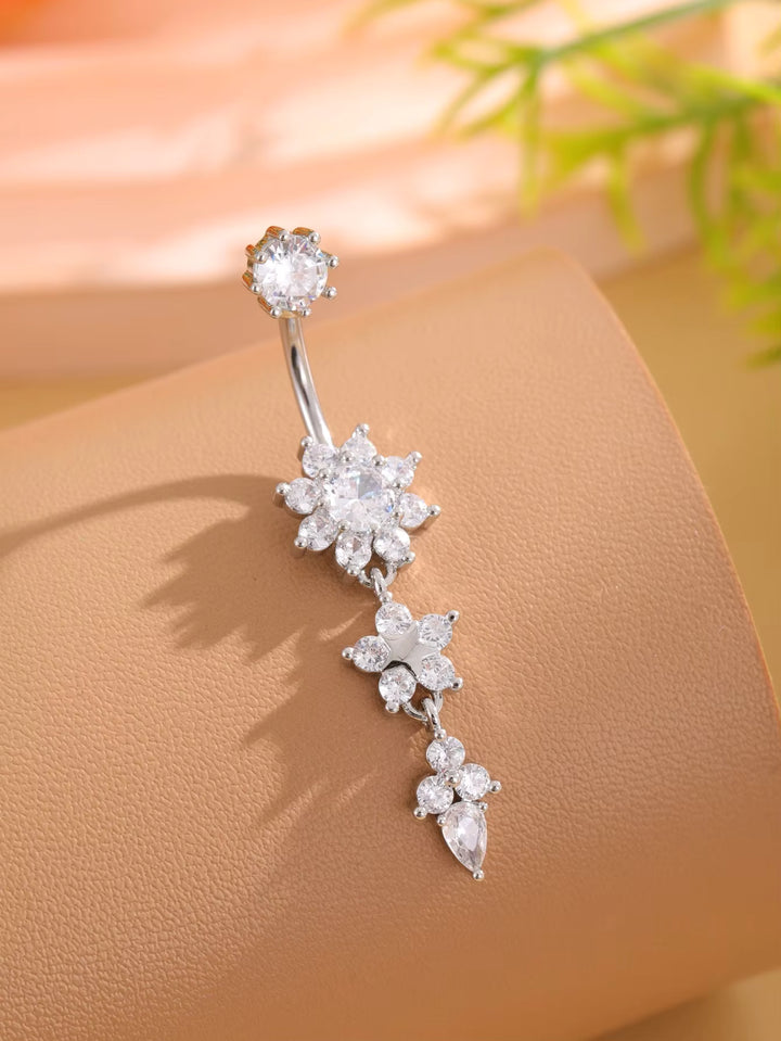 Crystal Floral Dangle Belly Button Ring in Silver Tone