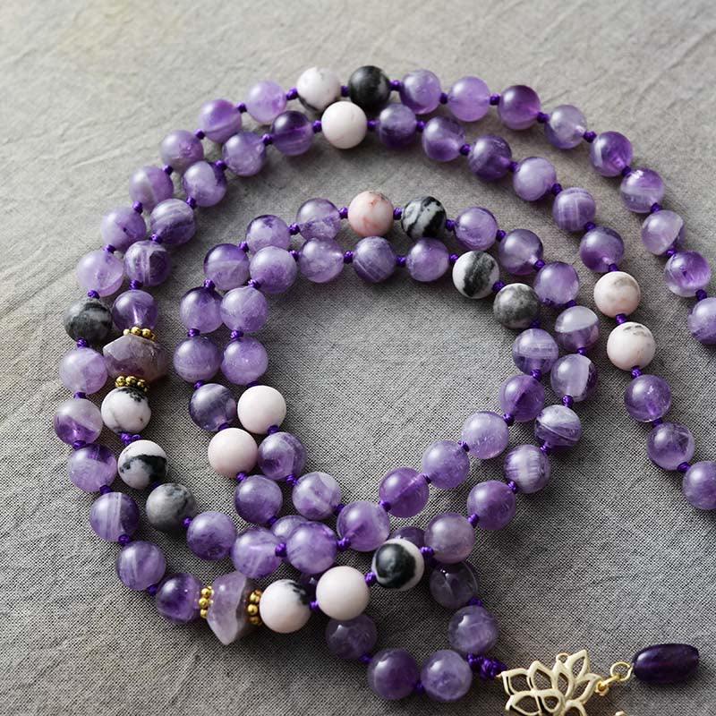 Lotus Pendant Mala Necklace – Amethyst & Jasper