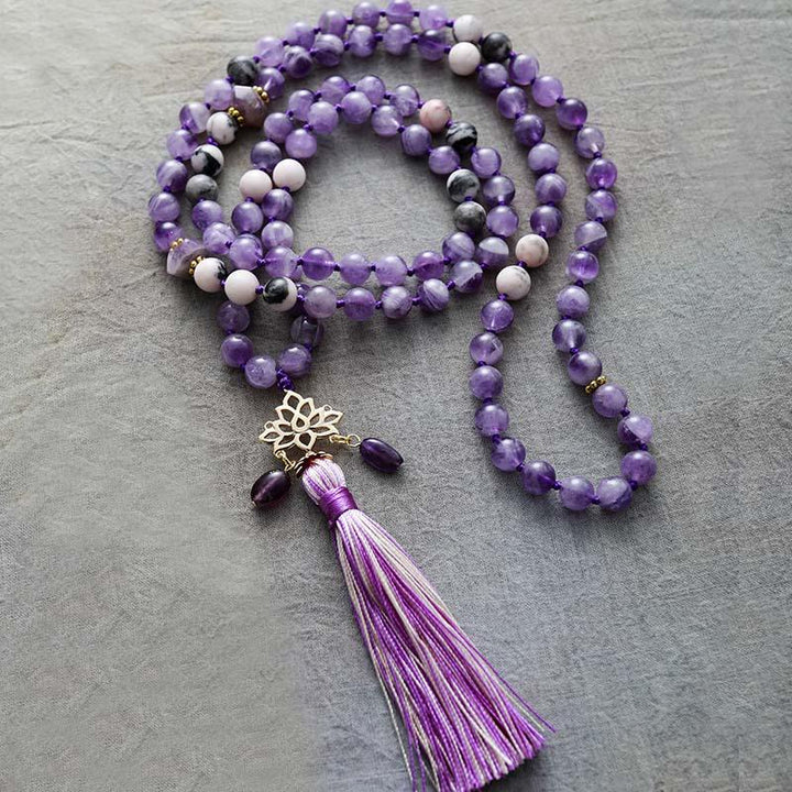 Lotus Pendant Mala Necklace – Amethyst & Jasper