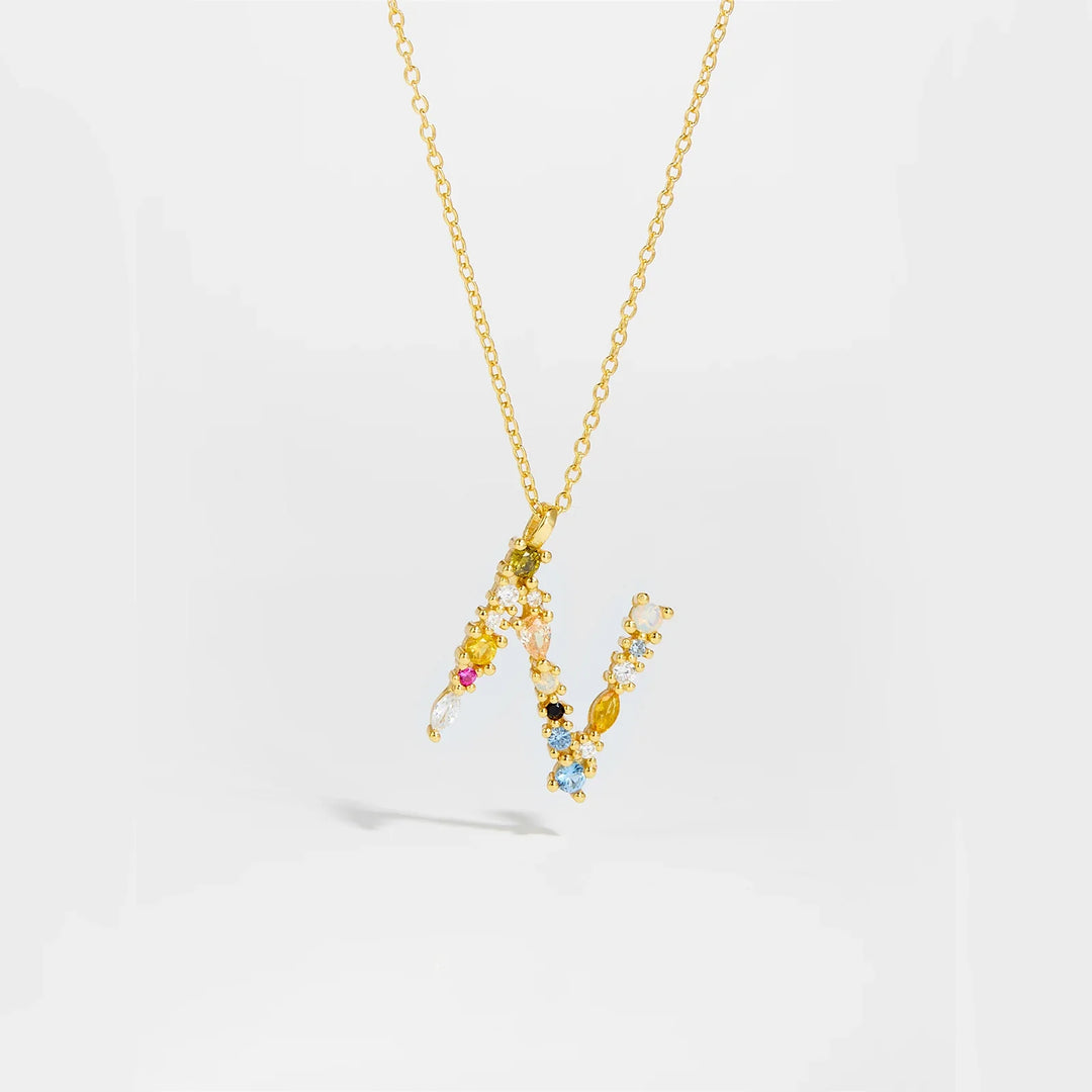 Colorful Crystal Initial Letter 925 Sterling Silver Necklace