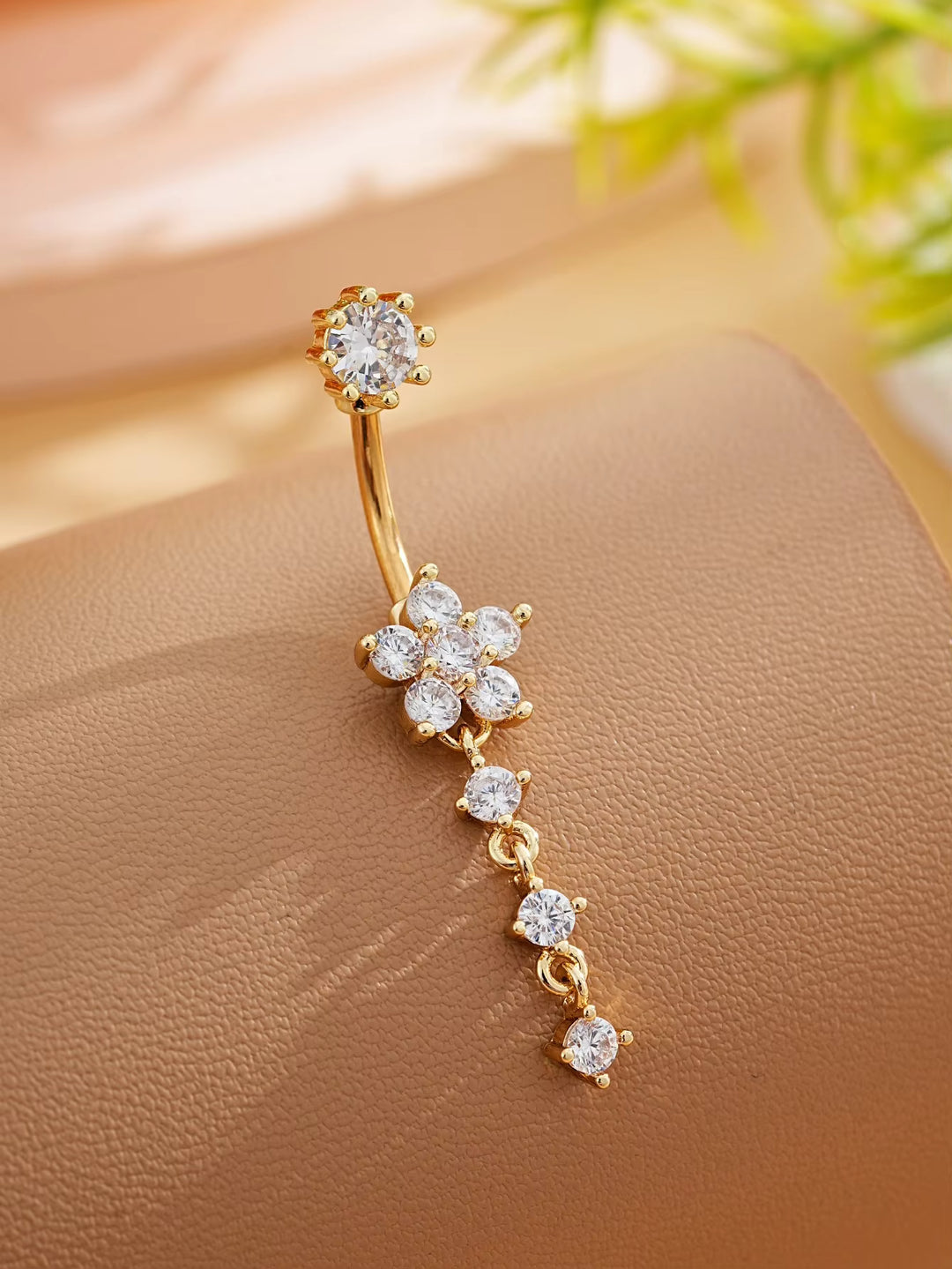 Silver Crystal Flower Drop Belly Button Ring
